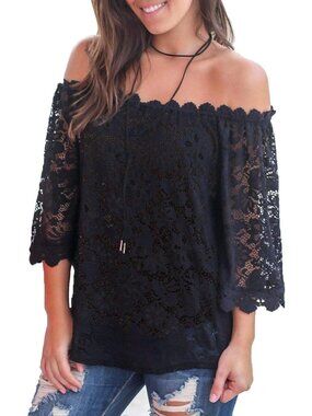 NWT Miholl Boho Off The Shoulder Black Lace Top L